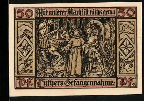 Notgeld Eisenach 1921, 50 Pfennig, Luthers Gefangennahme, Stadtwappen
