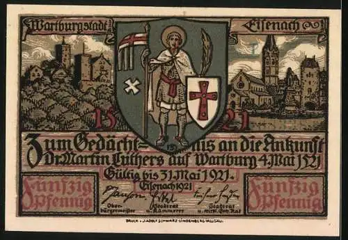 Notgeld Eisenach 1921, 50 Pfennig, Luthers Gefangennahme, Stadtwappen