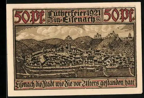 Notgeld Eisenach 1921, 50 Pfennig, Lutherfeier 1921, Teilansicht mit Kirche, Stadtwappen