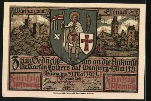 Notgeld Eisenach 1921, 50 Pfennig, Lutherfeier 1921, Teilansicht mit Kirche, Stadtwappen