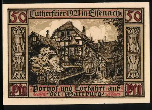 Notgeld Eisenach 1921, 50 Pfennig, Lutherfeier 1921, Vorhof und Torfahrt auf der Wartburg, Stadtwappen