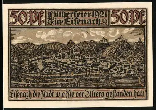 Notgeld Eisenach 1921, 50 Pfennig, Lutherfeier 1921, Teilansicht mit Kirche, Stadtwappen