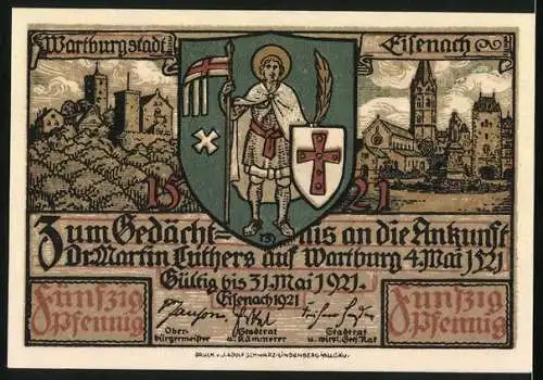 Notgeld Eisenach 1921, 50 Pfennig, Lutherfeier 1921, Teilansicht mit Kirche, Stadtwappen