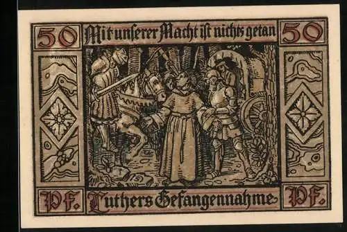 Notgeld Eisenach 1921, 50 Pfennig, Luthers Gefangennahme, Stadtwappen