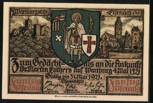 Notgeld Eisenach 1921, 50 Pfennig, Luthers Gefangennahme, Stadtwappen