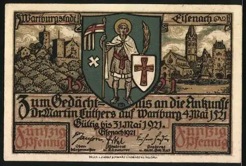 Notgeld Eisenach 1921, 50 Pfennig, Junker Jörg übersetzt das neue Testament, Stadtwappen