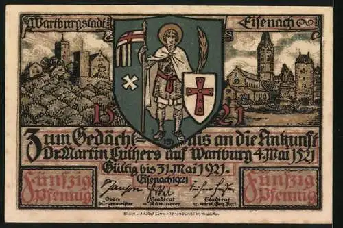 Notgeld Eisenach 1921, 50 Pfennig, Lutherfeier 1921, Vorhof und Torfahrt auf der Wartburg, Stadtwappen