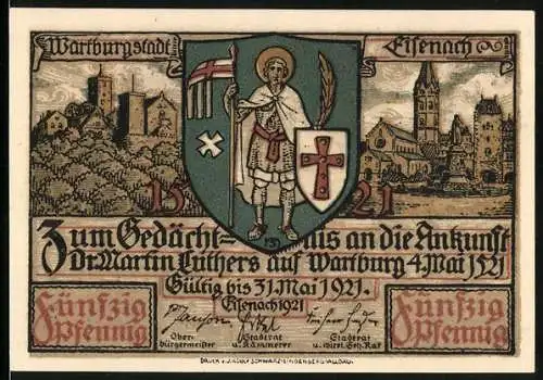 Notgeld Eisenach 1921, 50 Pfennig, Luthers Ankunft auf der Wartburg, Stadtwappen
