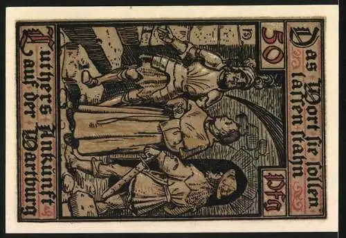 Notgeld Eisenach 1921, 50 Pfennig, Luthers Ankunft auf der Wartburg, Stadtwappen