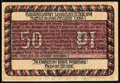 Notgeld Lörrach, 50 Pfennig, Hauptquartie Lörrach 1848, Aufruf an das deutsche Volk!, Gustav Struve, Insiegel der Stadt