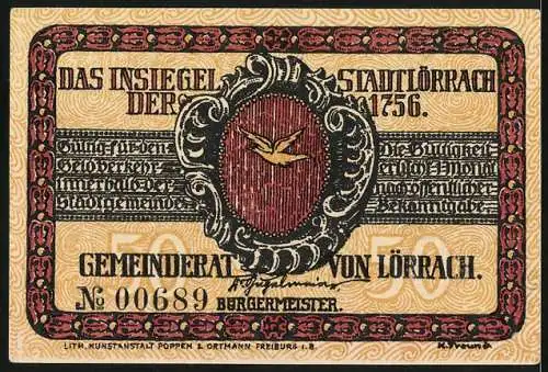 Notgeld Lörrach, 50 Pfennig, Hauptquartie Lörrach 1848, Aufruf an das deutsche Volk!, Gustav Struve, Insiegel der Stadt