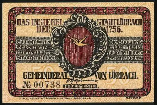 Notgeld Lörrach, 50 Pfennig, Friedrich Hecker 1848, Insiegel der Stadt