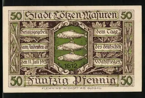 Notgeld Lötzen /Masuren 1920, 50 Pfennig, Stadtwappen