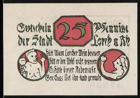 Notgeld Lorch a. Rh. 1920, 25 Pfennig, Adam mit Lorcher Wein und Eva, Wappen