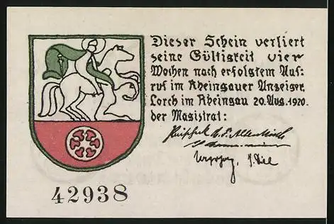Notgeld Lorch a. Rh. 1920, 25 Pfennig, Adam mit Lorcher Wein und Eva, Wappen