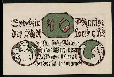 Notgeld Lorch a. Rh. 1920, 10 Pfennig, Adam mit Lorcher Wein und Eva, Wappen