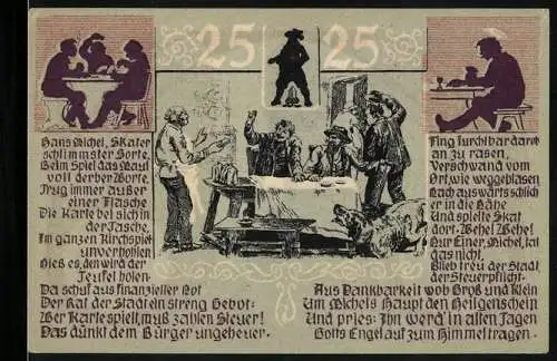 Notgeld Lucka 1921, 25 Pfennig, Männer am Tisch, Löwendenkmal