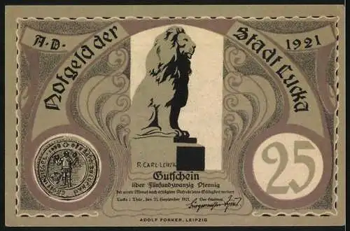 Notgeld Lucka 1921, 25 Pfennig, Männer am Tisch, Löwendenkmal