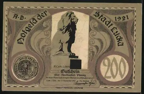 Notgeld Lucka 1921, 200 Pfennig, Friedrich der Freidige und Diezmann, Löwendenkmal