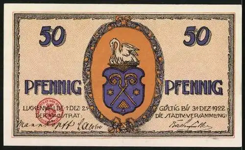Notgeld Luckenwalde 1921, 50 Pfennig, Hut, Stadtwappen