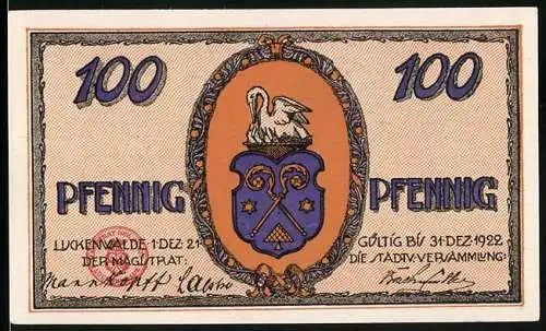 Notgeld Luckenwalde 1921, 100 Pfennig, Stadtwappen, Ortspartie, Reklame für Hüte und Tuche H. Koebe