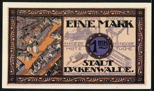 Notgeld Luckenwalde 1921, 100 Pfennig, Stadtwappen, Ortspartie, Reklame für Hüte und Tuche H. Koebe