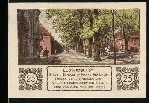 Notgeld Ludwigslust 1922, 25 Pfennig, Stadt und Schloss im Kranz der Linden