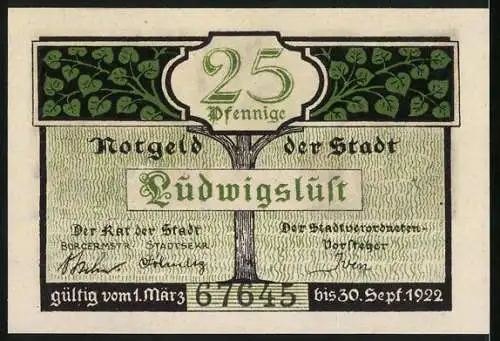 Notgeld Ludwigslust 1922, 25 Pfennig, Stadt und Schloss im Kranz der Linden