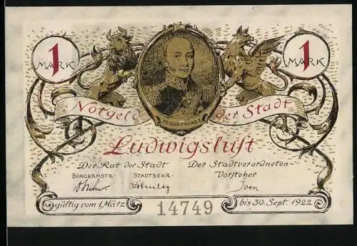 Notgeld Ludwigslust 1922, 1 Mark, Friedr. Franz I., Militärische Kopfbedeckungen, Dragoner-Regiment 17