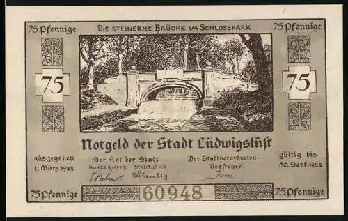 Notgeld Ludwigslust 1922, 75 Pfennig, Steinerne Brücke im Schlosspark, Stadtkirche