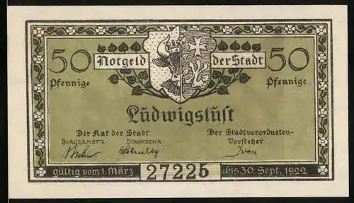 Notgeld Ludwigslust 1922, 50 Pfennig, Wappen, Rathaus