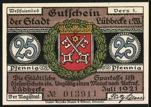 Notgeld Lübbecke i. W. 1921, 25 Pfennig, Wappen, Ähren, Bauernhaus