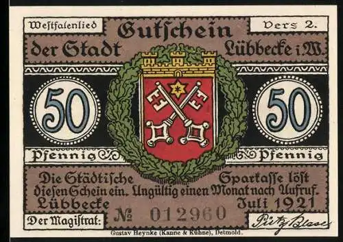 Notgeld Lübbecke i. W. 1921, 50 Pfennig, Wappen im Eichenkranz, Hammer und Sichel, Westfälische Männer