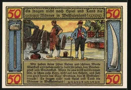 Notgeld Lübbecke i. W. 1921, 50 Pfennig, Wappen im Eichenkranz, Hammer und Sichel, Westfälische Männer