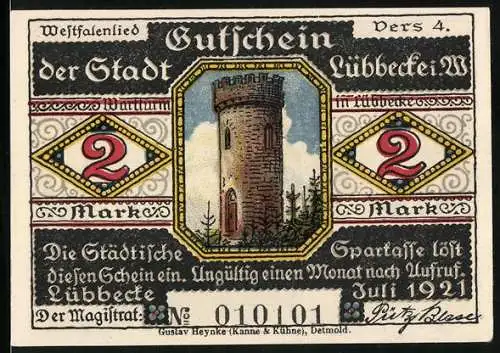 Notgeld Lübbecke i. W. 1921, 2 Mark, Turm, Waffen, Wittekind 775