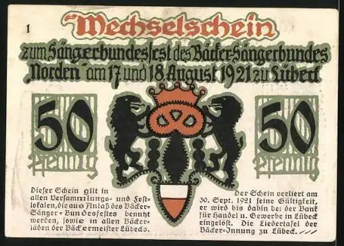 Notgeld Lübeck 1921, 50 Pfennig, Wappen, Bäcker-Sängerbundesfest, Bäckerleben