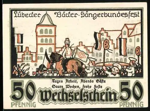 Notgeld Lübeck 1921, 50 Pfennig, Wappen, Bäcker-Sängerbundesfest, Festzug