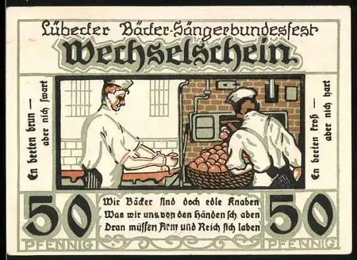 Notgeld Lübeck 1921, 50 Pfennig, Wappen, Bäcker-Sängerbundesfest, Bäcker in der Backstube