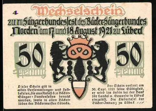 Notgeld Lübeck 1921, 50 Pfennig, Wappen, Bäcker-Sängerbundesfest, Stehender Brotteig