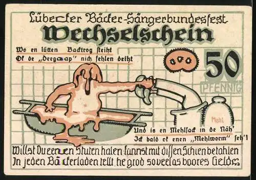 Notgeld Lübeck 1921, 50 Pfennig, Wappen, Bäcker-Sängerbundesfest, Stehender Brotteig