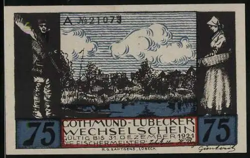 Notgeld Gothmund-Lübeck 1921, 75 Pfennig, Ortsansicht, Bäuerliche Figuren, Wappen, Ratsherren