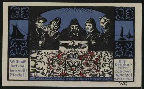 Notgeld Gothmund-Lübeck 1921, 75 Pfennig, Ortsansicht, Bäuerliche Figuren, Wappen, Ratsherren