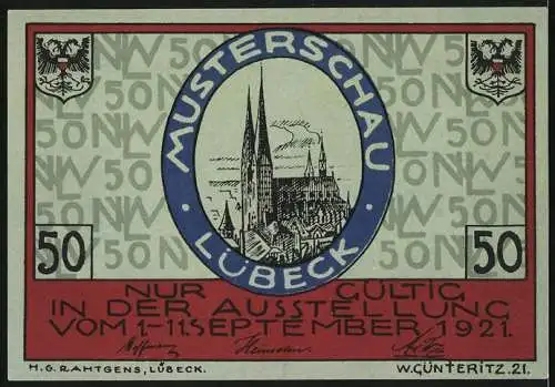 Notgeld Lübeck 1921, 50 Pfennig, Nordische Woche, Finnisches Wappen, Musterschau Lübeck, Kirchenansicht