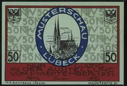 Notgeld Lübeck 1921, 50 Pfennig, Nordische Woche, Norwegisches Wappen, Musterschau Lübeck, Kirchenansicht