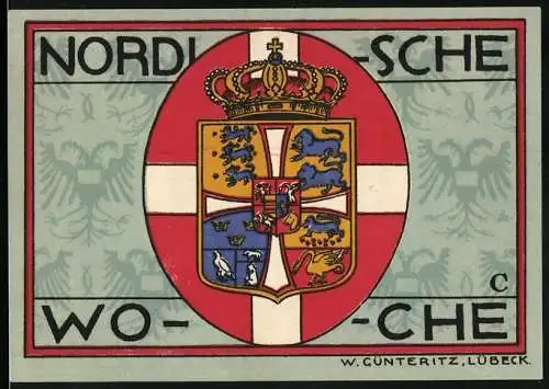 Notgeld Lübeck 1921, 50 Pfennig, Nordische Woche, Dänisches Wappen, Musterschau Lübeck, Kirchenansicht