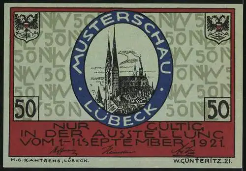 Notgeld Lübeck 1921, 50 Pfennig, Nordische Woche, Dänisches Wappen, Musterschau Lübeck, Kirchenansicht