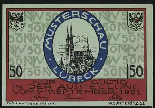 Notgeld Lübeck 1921, 50 Pfennig, Nordische Woche, Schwedisches Wappen, Musterschau Lübeck, Kirchen