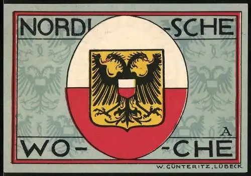 Notgeld Lübeck 1921, 50 Pfennig, Nordische Woche, Deutsches Wappen, Musterschau Lübeck, Kirchen aus der Vogelschau