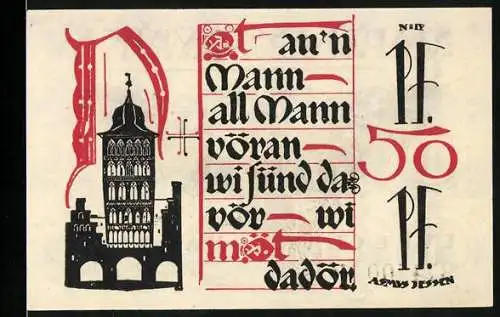 Notgeld Lübeck 1921, 50 Pfennig, Adler, Turm