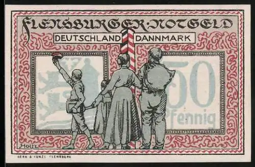Notgeld Flensburg 1920, 50 Pfennig, Grenzpfahl Deutschland-Dänemark mit Passanten
